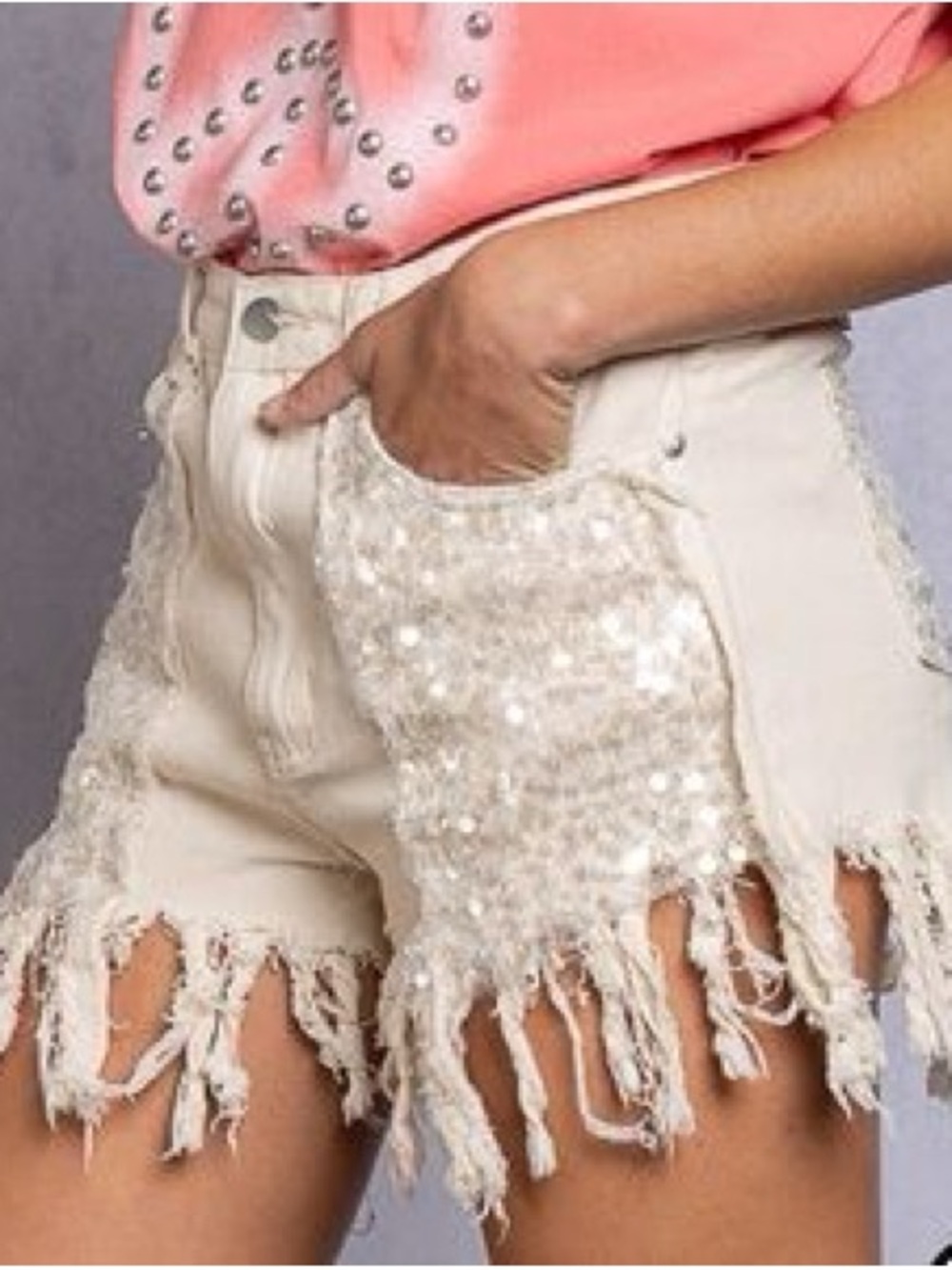 POL Cream Sequin Fringe Frayed Hem Sequin Denim Shorts Size L